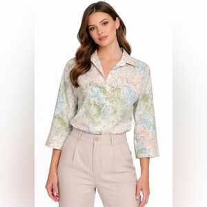 Vintage 1980s Abstract Print Button Up Blouse 3/4 Sleeve